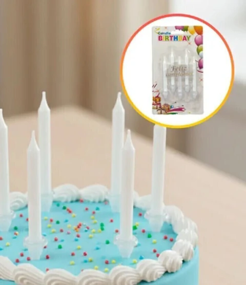 VELA PALITO C/PORTAVELA 6PCS FELIZ CUMPLEAÑOS BLANCA