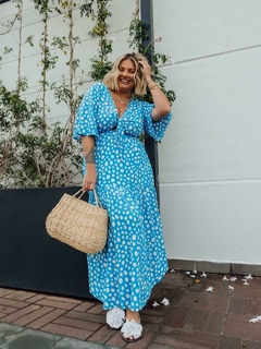 Vestido Longo Póa Meia Manga - Azul/Branco