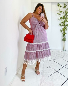 Vestido Midi Listrado Carolina - Branco/Vermelho