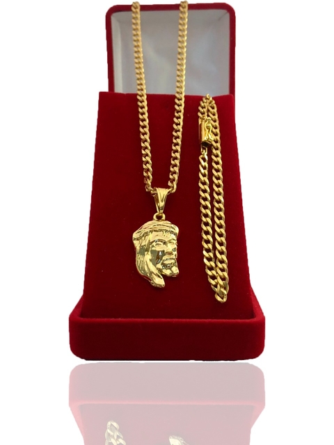 Conjunto Grumet 4mm (70cm) + Pulseira Com Pingente De Brinde Face de Cristo Banhado Ouro 18k