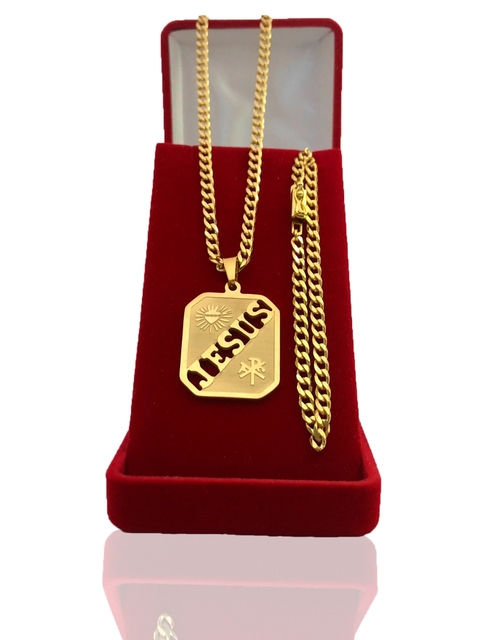 Conjunto Grumet 4mm (70cm) + Pulseira Com Pingente De Brinde Jesus Banhado Ouro 18k