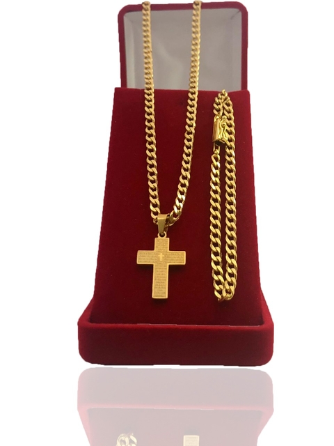 Conjunto Grumet 4mm (70cm) + Pulseira Com Pingente De Brinde Cruz Pai Nosso Banhado Ouro 18k