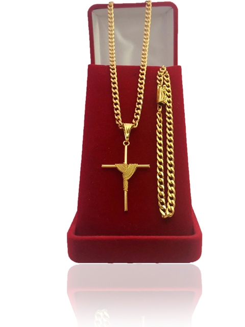 Conjunto Grumet 4mm (70cm) + Pulseira Com Pingente De Brinde Cruz Styllo Amarrado Banhado Ouro 18k