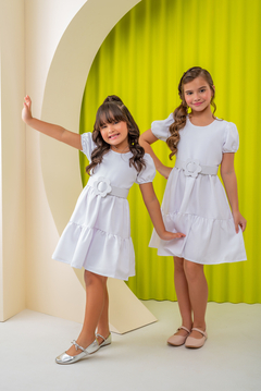 Vestido Flor Branco com cinto - COLEÇÃO FESTAS