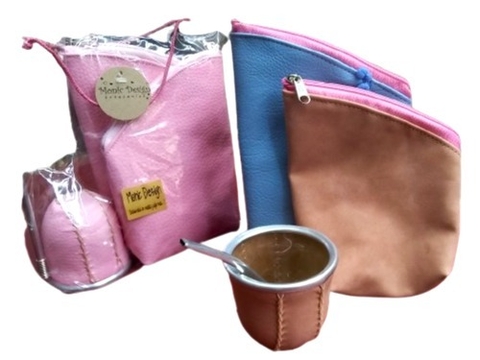 Set Matero Mate Yerbera Azucarera Tela Estampada y Bombilla en Bolsita de Cristal Cod 133-69