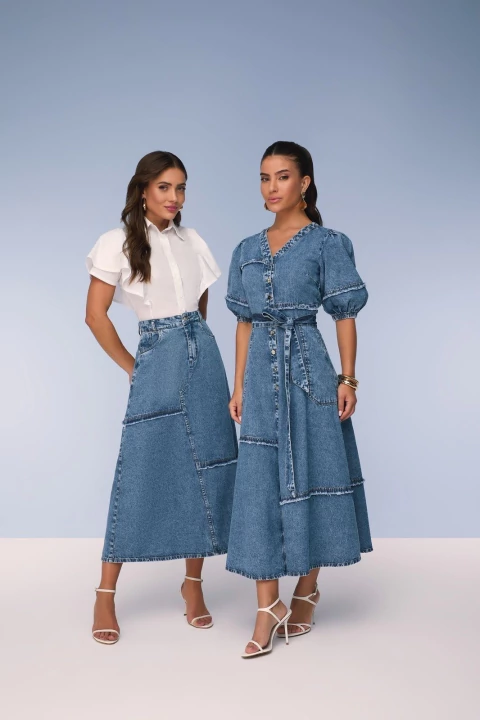 Saia Titanium evase jeans com recortes - comprar online