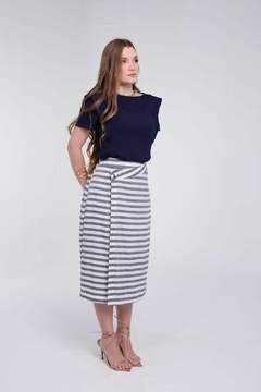 Saia Jana Marçal 20005 Cintia viscose 100% midi evase listrada - Loja de Roupas A Praça 