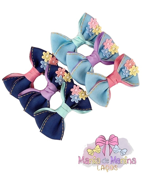 Laço Jeans com florzinhas candy