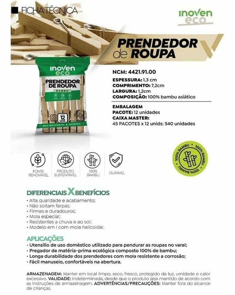 PREGADOR E PRENDEDOR DE ROUPA DE MADEIRA PCT 12 UN
