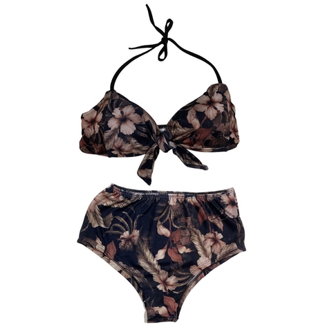 Biquíni Laço Cintura Alta/ Hot Pants / Plus Size FLORAL NEGRO