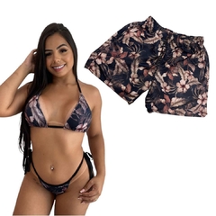 Kit Verão Shorts Masculino e Biquíni Cortininha Floral Negro