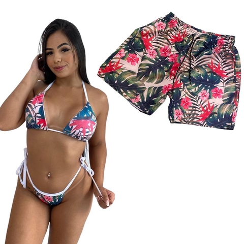 Kit Verão Shorts Masculino e Biquíni Cortininha Floral Vermelho