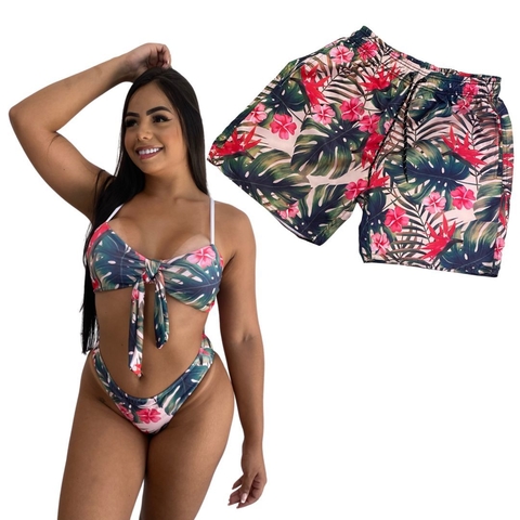Kit Verão Shorts Masculino e Biquíni LAÇO Floral Vermelho