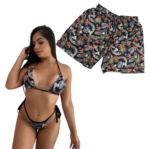 Kit Verão Shorts Masculino e Biquíni Cortininha Floral Verde