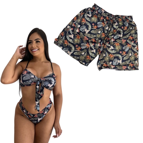 Kit Verão Shorts Masculino e Biquíni LAÇO Floral Verde