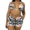 Kit Shorts Feminino e Biquini Cortininha Floral Listrado