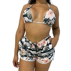 Kit Shorts Feminino e Biquini Cortininha Floral Listrado
