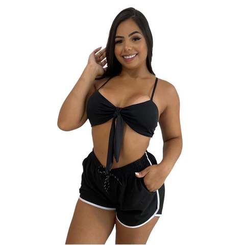 Kit Shorts Feminino Preto Liso e Biquíni Laço Preto