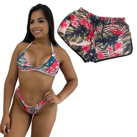Kit Shorts Feminino e Biquini Asa Delta Floral Vermelho