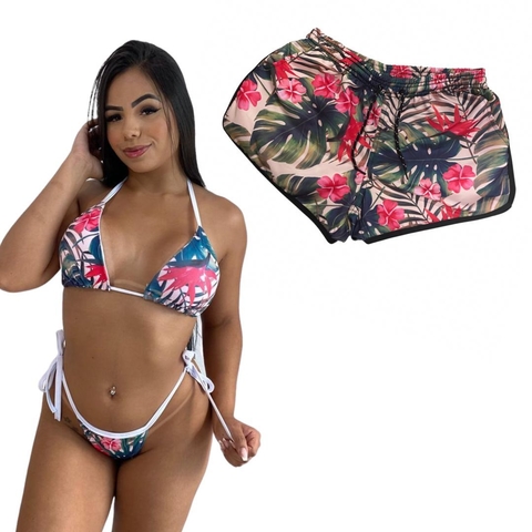 Kit Shorts Feminino e Biquini Cortininha Floral Vermelho