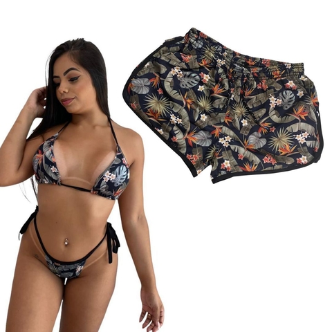 Kit Shorts Feminino e Biquini Cortininha Floral Verde