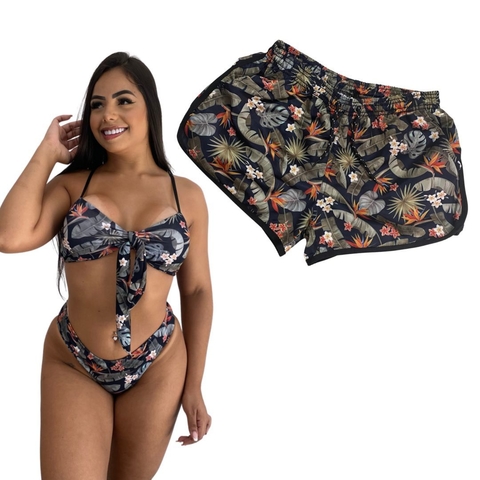 Kit Shorts Feminino e Biquini Laço Floral Verde