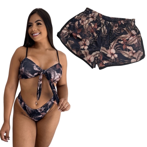 Kit Shorts Feminino e Biquini Laço Floral Negro