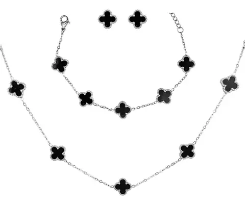 Kit Trevos Preto Corrente + Pulseira + Brinco Prateado