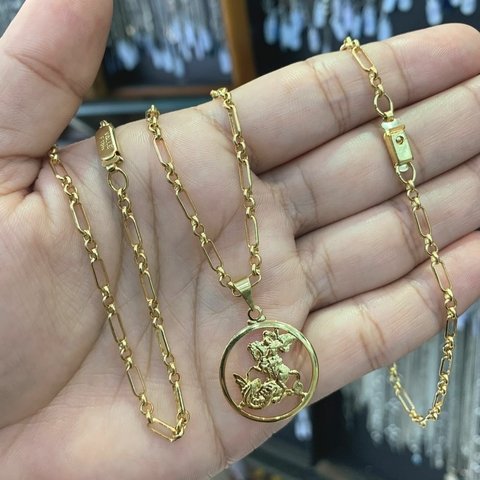 Corrente + Pulseira + Pingente São Jorge Banhado a Ouro 18K