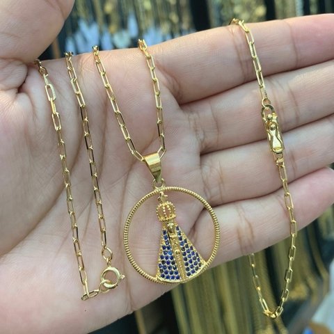 Corrente + Pulseira + Pingente Nossa Senhora Aparecida Banhado a Ouro 18K