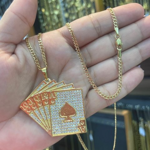 Corrente Grumet + Pingente Cartas de Baralho Banhado a Ouro 18K