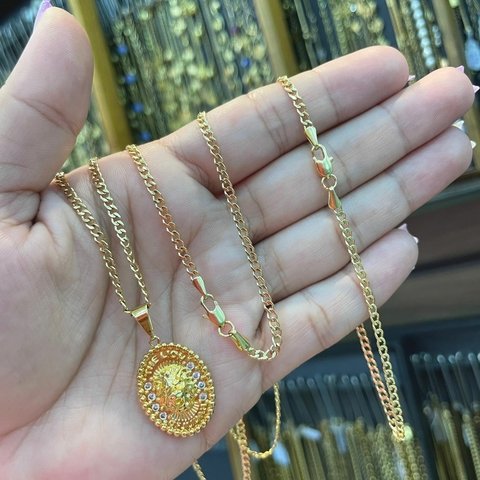 Corrente Grumet + Pulseira + Pingente Lion Banhada a Ouro 18K