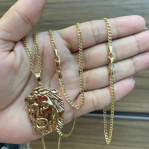 Corrente Grumet + Pulseira Grumet + Pingente Face de Cristo Banhado a Ouro 18K