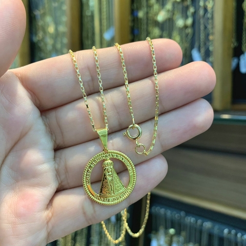 Corrente Cartie Tijolinho + Pingente Nossa Senhora Aparecida Banhada a Ouro 18K