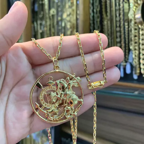 Corrente + Pulseira Cartie Cadeado + Pingente São Jorge Banhado a Ouro 18K