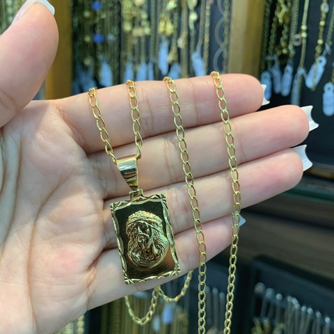Corrente Cartie + Pingente Plaquinha Jesus Cristo Banhado a Ouro 18K