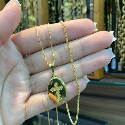 Corrente + Pulseira Veneziana + Pingente Plaquinha Cruz Banhado a Ouro 18K