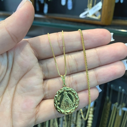 Corrente + Pulseira Veneziana + Pingente Nossa Senhora Aparecida Banhado a Ouro 18K