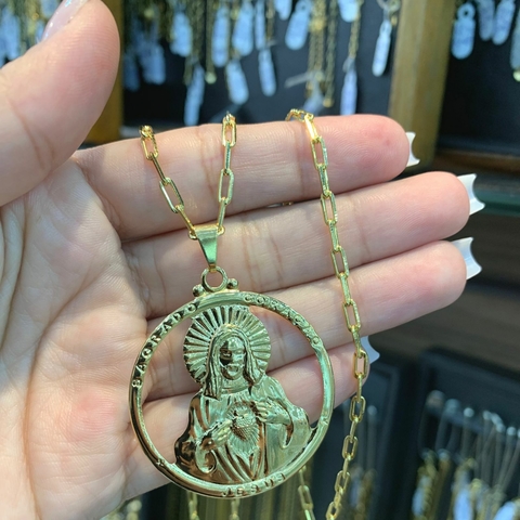 Corrente + Pulseira Cartie + Pingente Sagrado Coração de Jesus Banhado a Ouro 18K