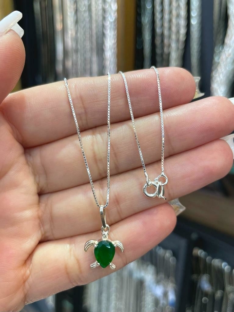 Colar Tartaruga Zircônia Verde Prata 925