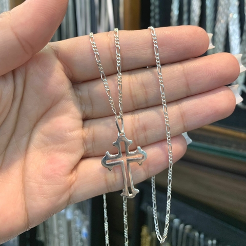 Corrente + Pulseira 3 por 1 + Pingente Cruz Prata Italiana 925