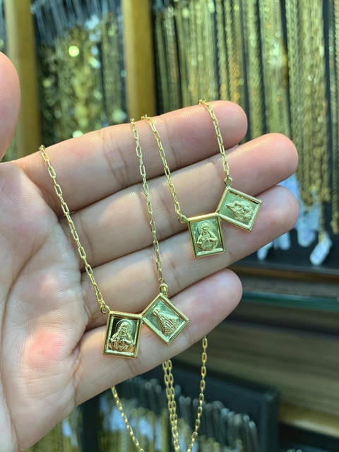 Escapulário Cartie 60cm Medalha Dupla Sagrado Coração de Jesus / Nossa Senhora Aparecida Banhado a Ouro 18K