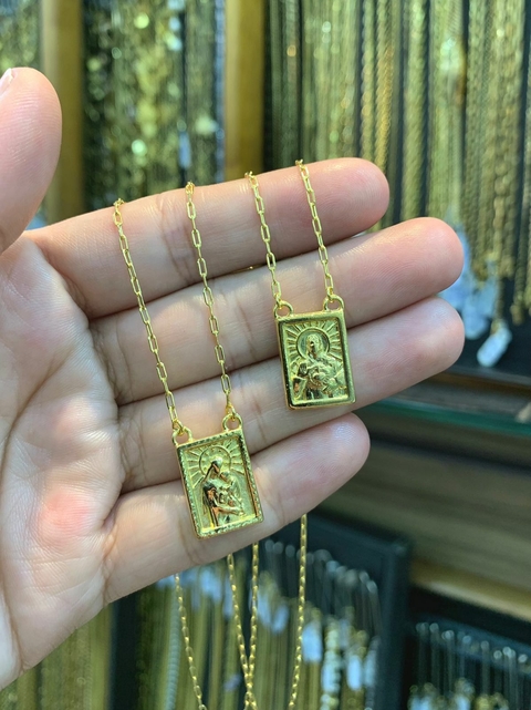 Escapulário Cartie Sagrado Coração de Jesus / Nossa Senhora do Carmo Banhado a Ouro 18K