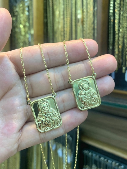 Escapulário Cartie 60cm Sagrado Coração de Jesus / Nossa Senhora do Carmo Banhado a Ouro 18K