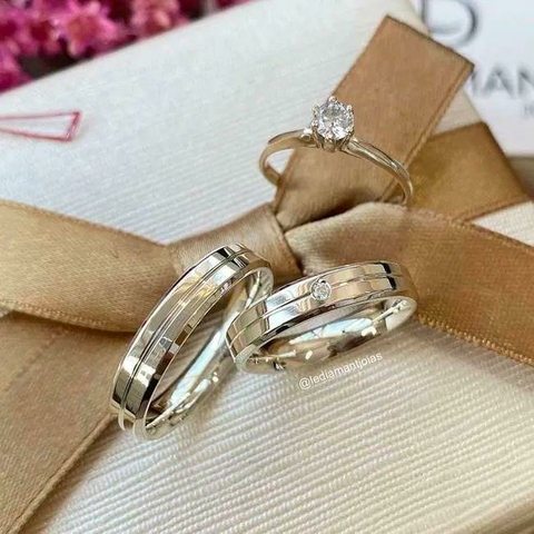 Aliança 4mm Prata 950 Acompanha Anel Solitário