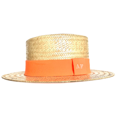 CHAPÉU PARIS FEMININO PALHA FAIXA NEON LARANJA COM INICIAIS