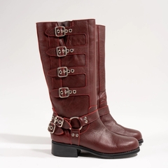 Bota Borcego Biker Mujer de Cuero Caña Alta y Detalle de Hebillas