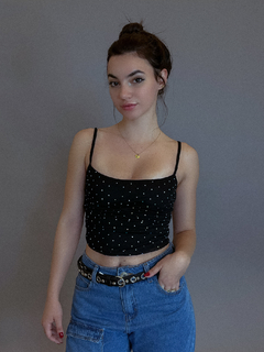 Corset cropped decote reto em tule de strass preto