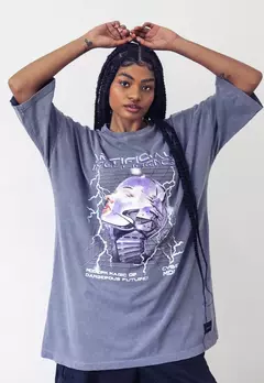 Camiseta Maxi Boy Over Artificial Intelligence Chumbo Estonada na internet
