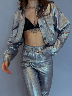 Jaqueta shine jeans laminada prata na internet